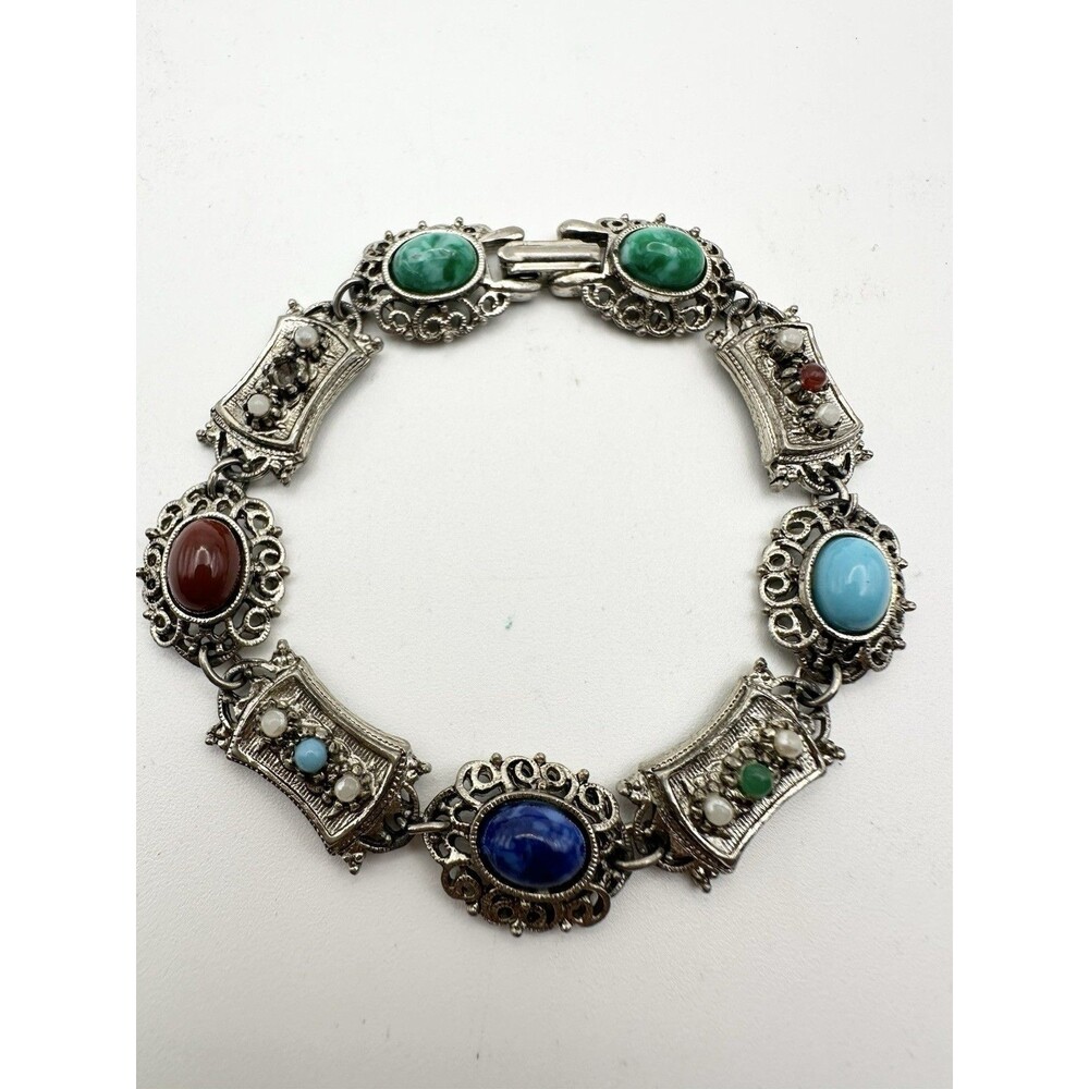 Vintage Silver Tone Signed Art Faux Stone Bracelet 7” Read